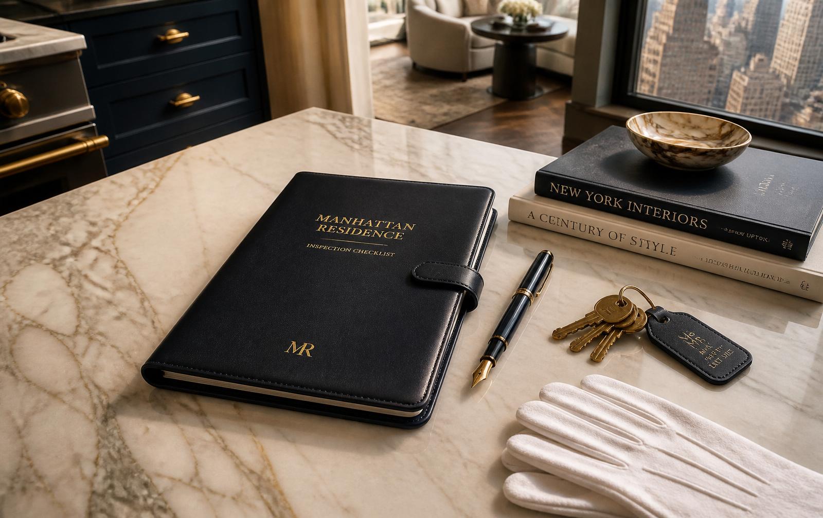 Leather-bound inspection checklist on marble counter with keys and gloves