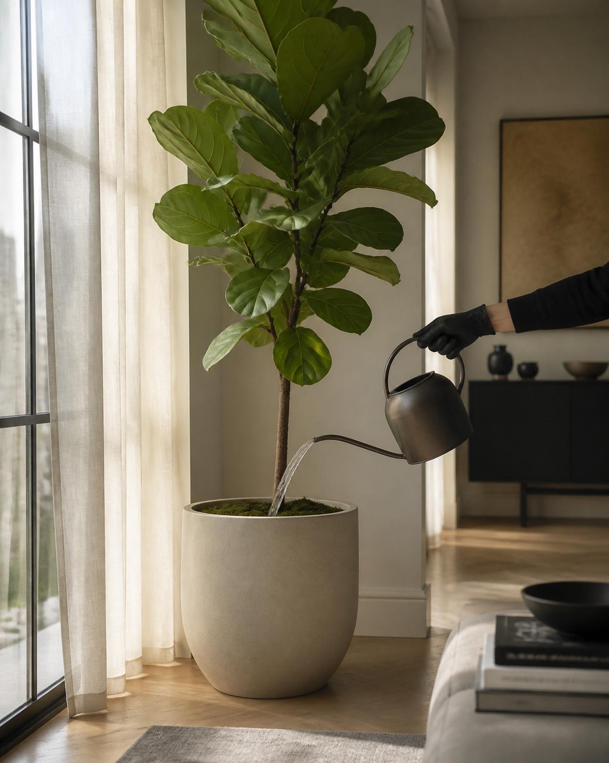 Watering a fiddle-leaf fig in a sunlit apartment