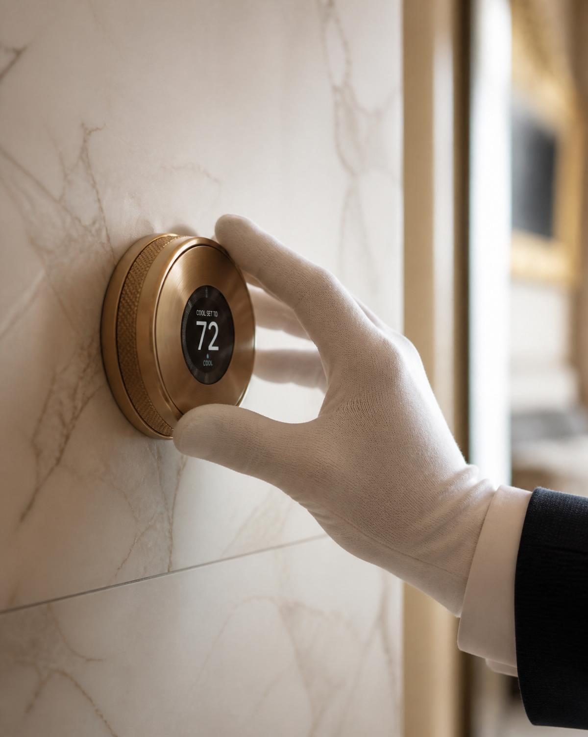 Gloved hand adjusting a brass thermostat on marble