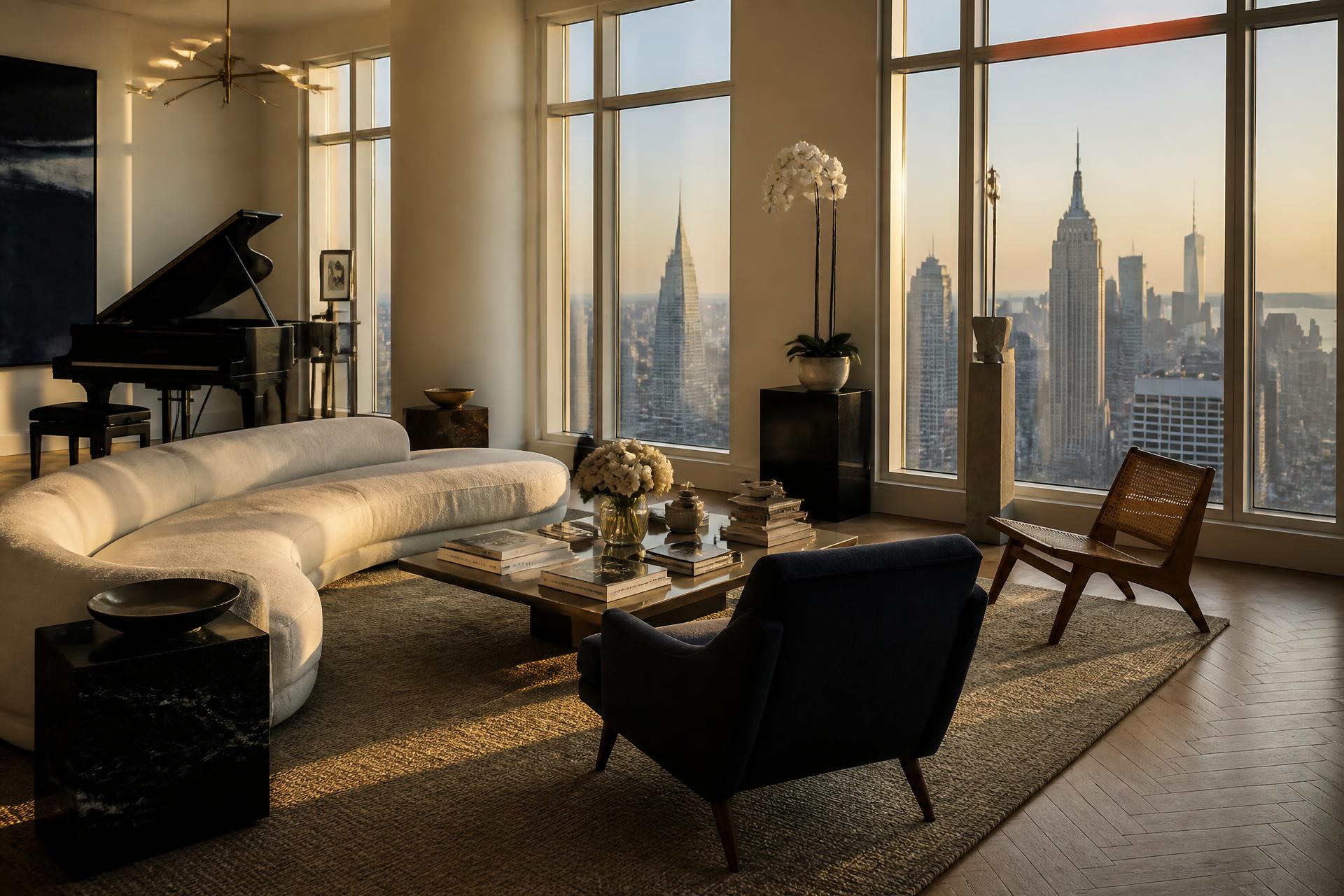 Empty luxury Manhattan penthouse at golden hour